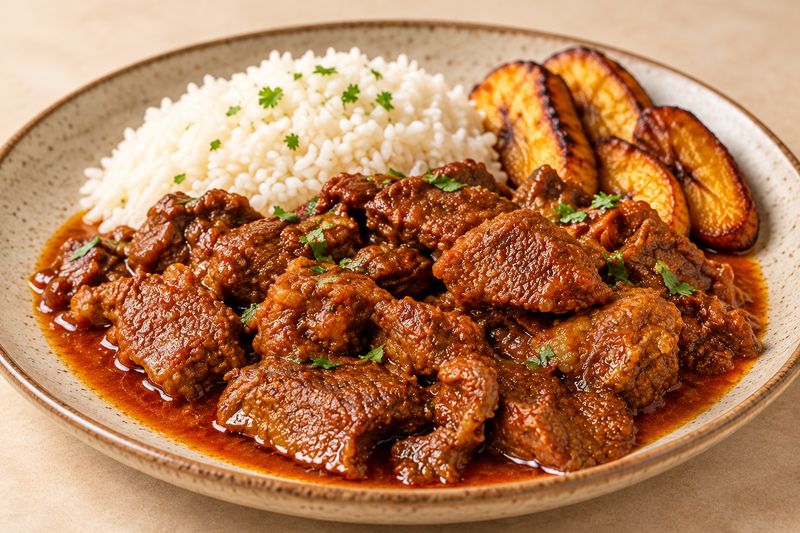 Res guisada con arroz blanco y plátanos maduros
