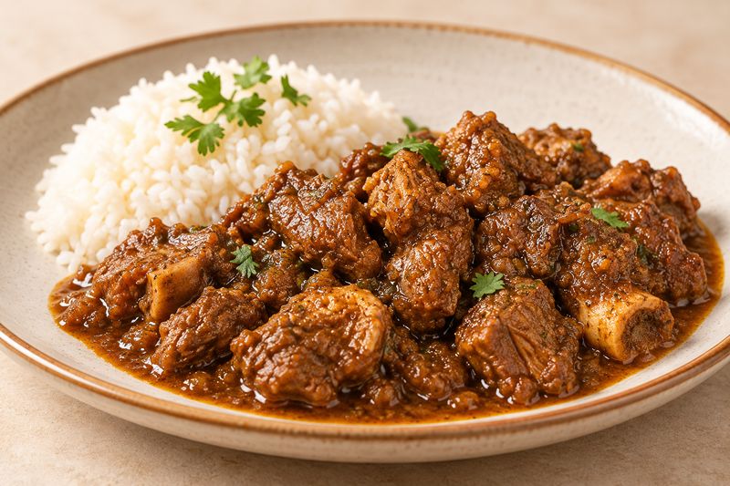Chivo guisado con arroz blanco servido en plato de cerámica