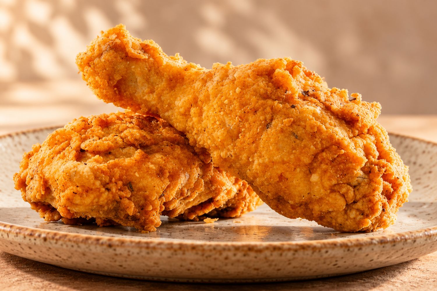 Pollo frito crujiente servido en plato de cerámica