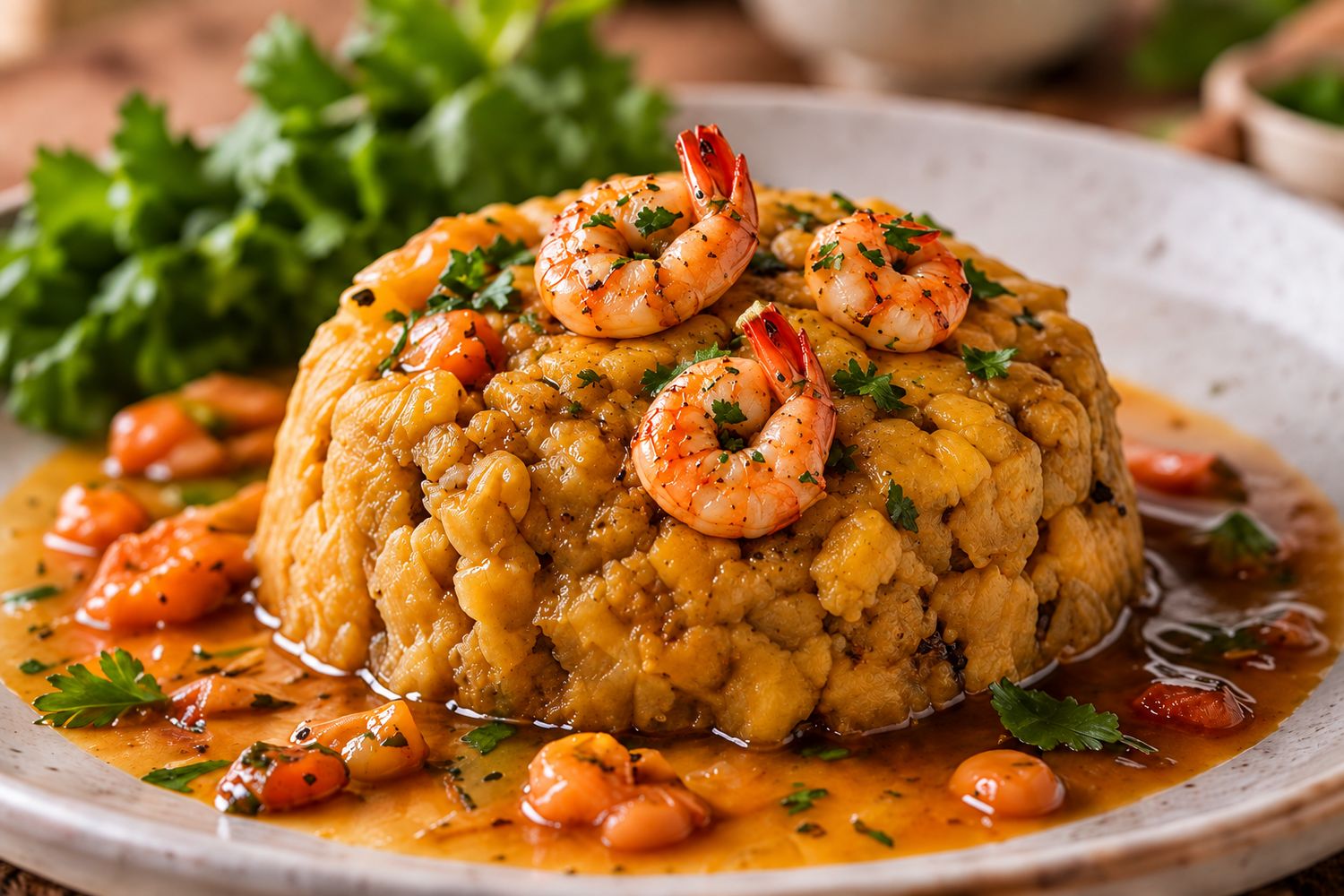 Mofongo de plátano con camarones y salsa servido en plato de cerámica