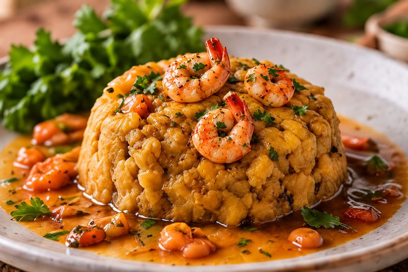 Mofongo de plátano con camarones y salsa servido en plato de cerámica