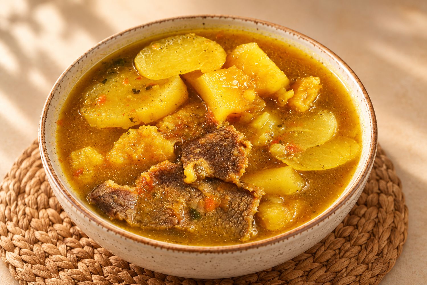 Sancocho de res con víveres servido en un tazón de cerámica