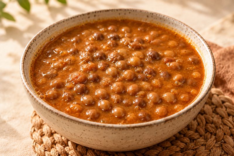Guandules secos guisados en caldo servidos en cuenco de cerámica