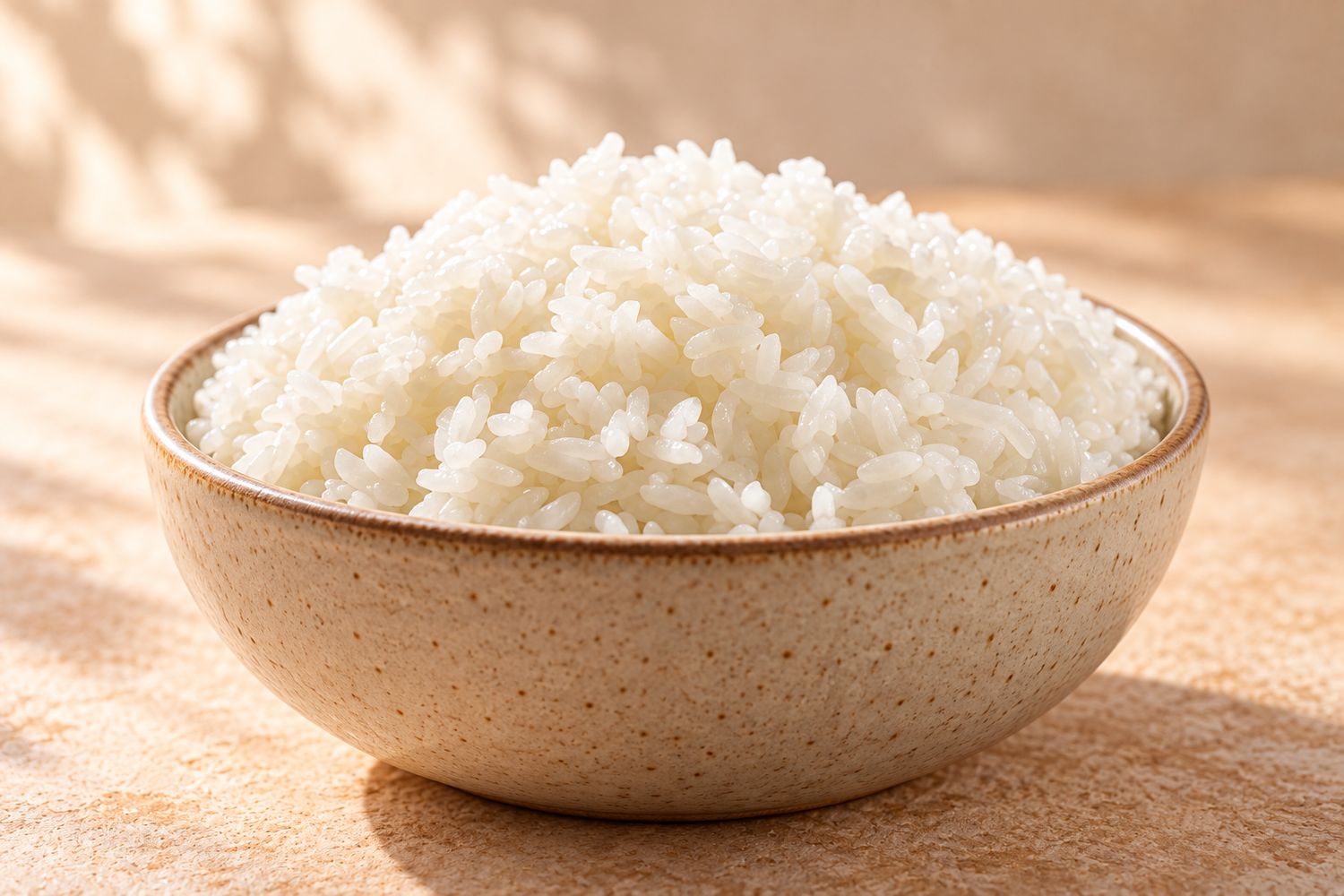 Arroz blanco servido en cuenco de cerámica