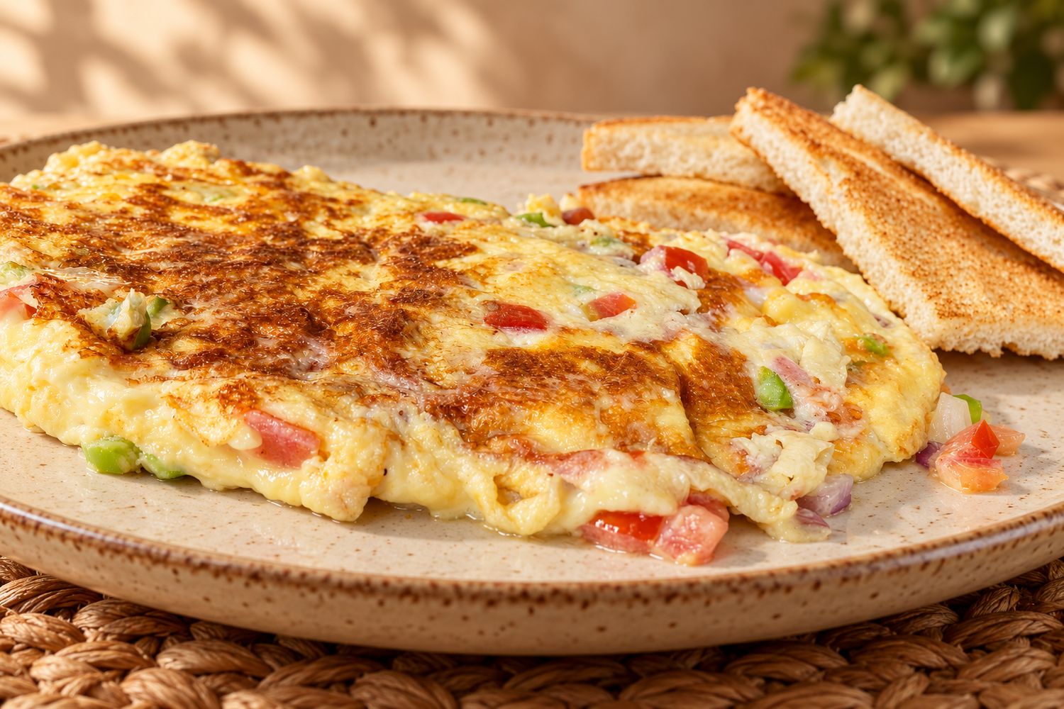 Omelette de jamón y queso acompañado de pan tostado