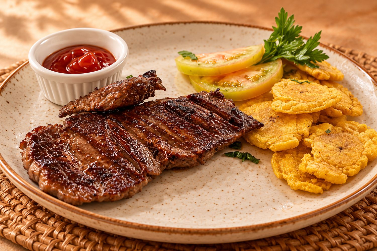 Churrasco con tostones y limón