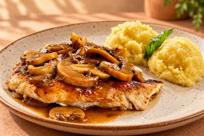 Suprema de pollo con salsa de champiñones y puré