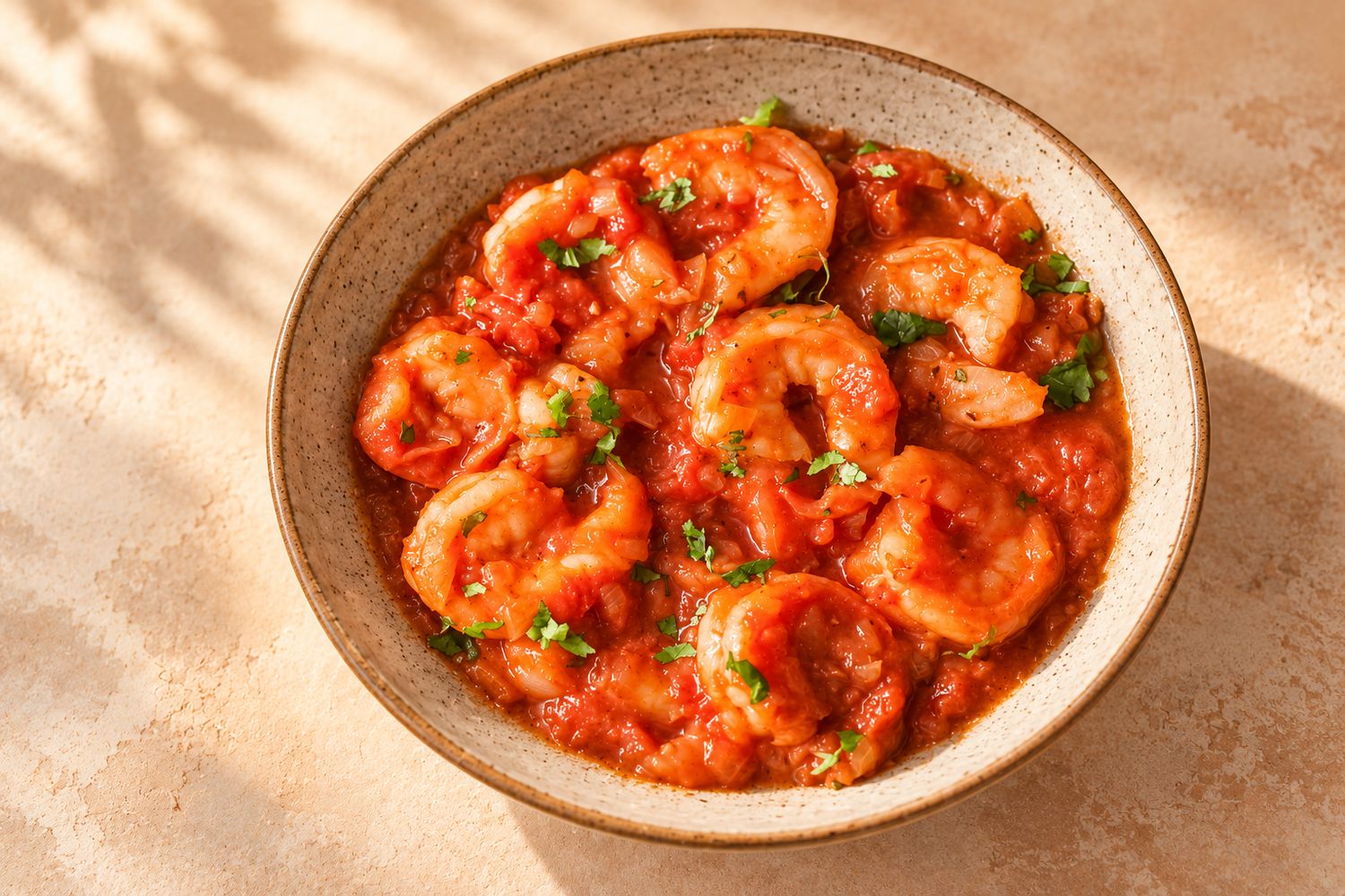 Camarones en salsa criolla servidos en cuenco de cerámica