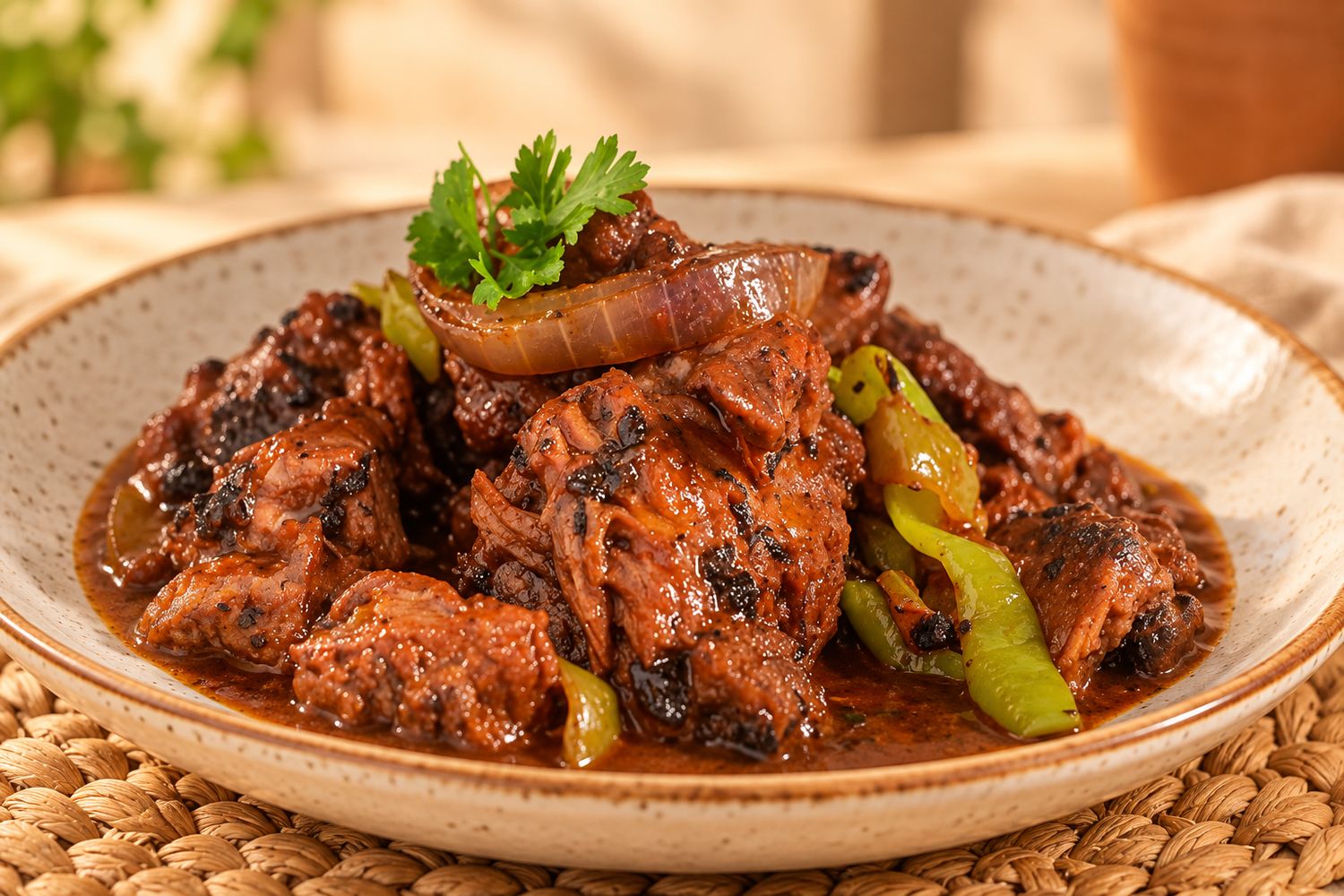Chivo al vino con vegetales en salsa