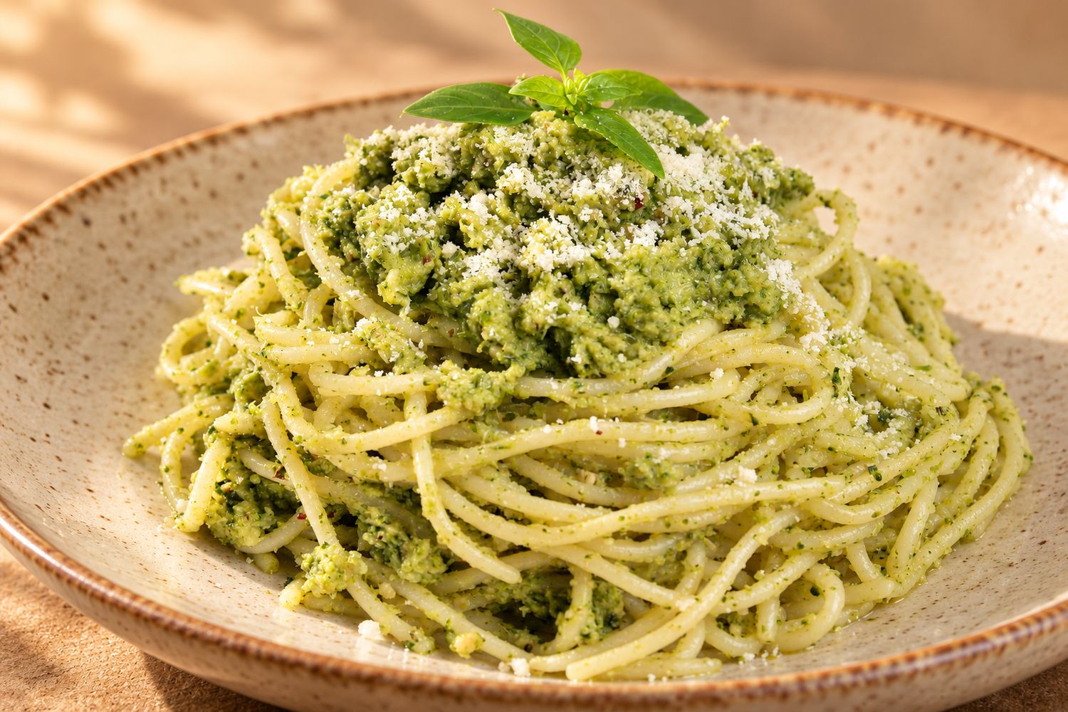 Pasta al pesto servida en plato de cerámica