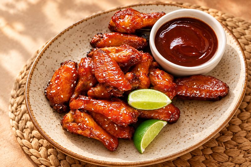 Alitas BBQ con salsa y gajos de limón en plato de cerámica