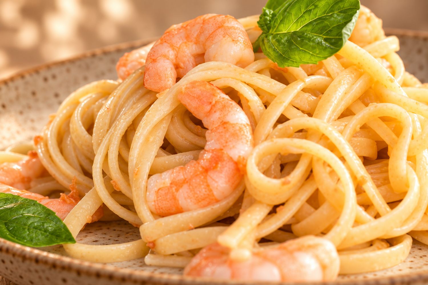 Pasta con camarones servida en plato de cerámica