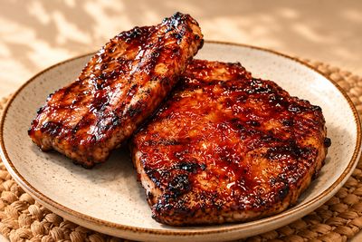 Chuleta BBQ con salsa en plato de cerámica