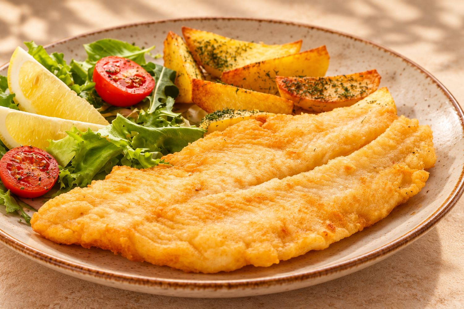 Mero frito con papas y ensalada