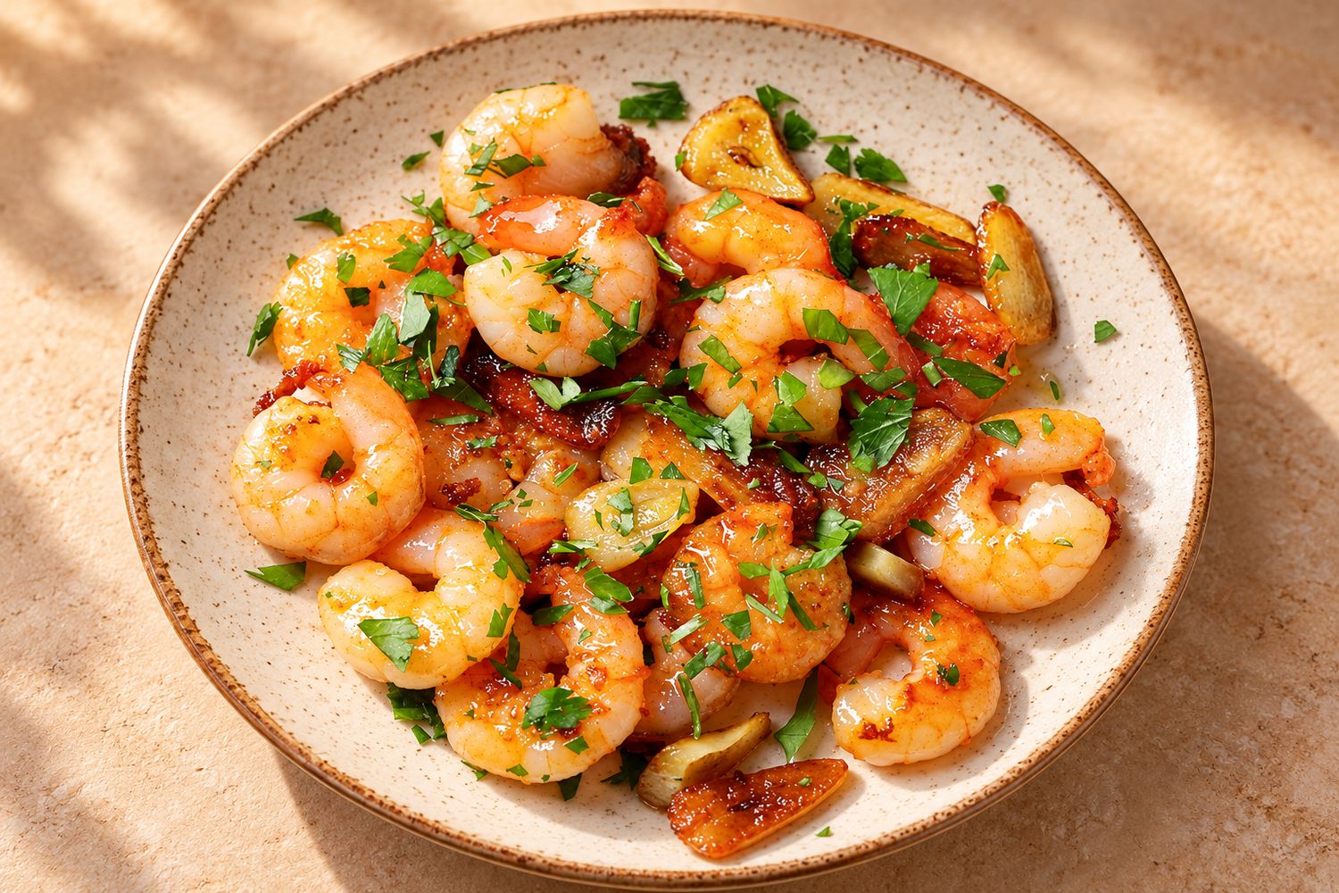 Camarones al ajillo con hierbas servidos en plato de cerámica
