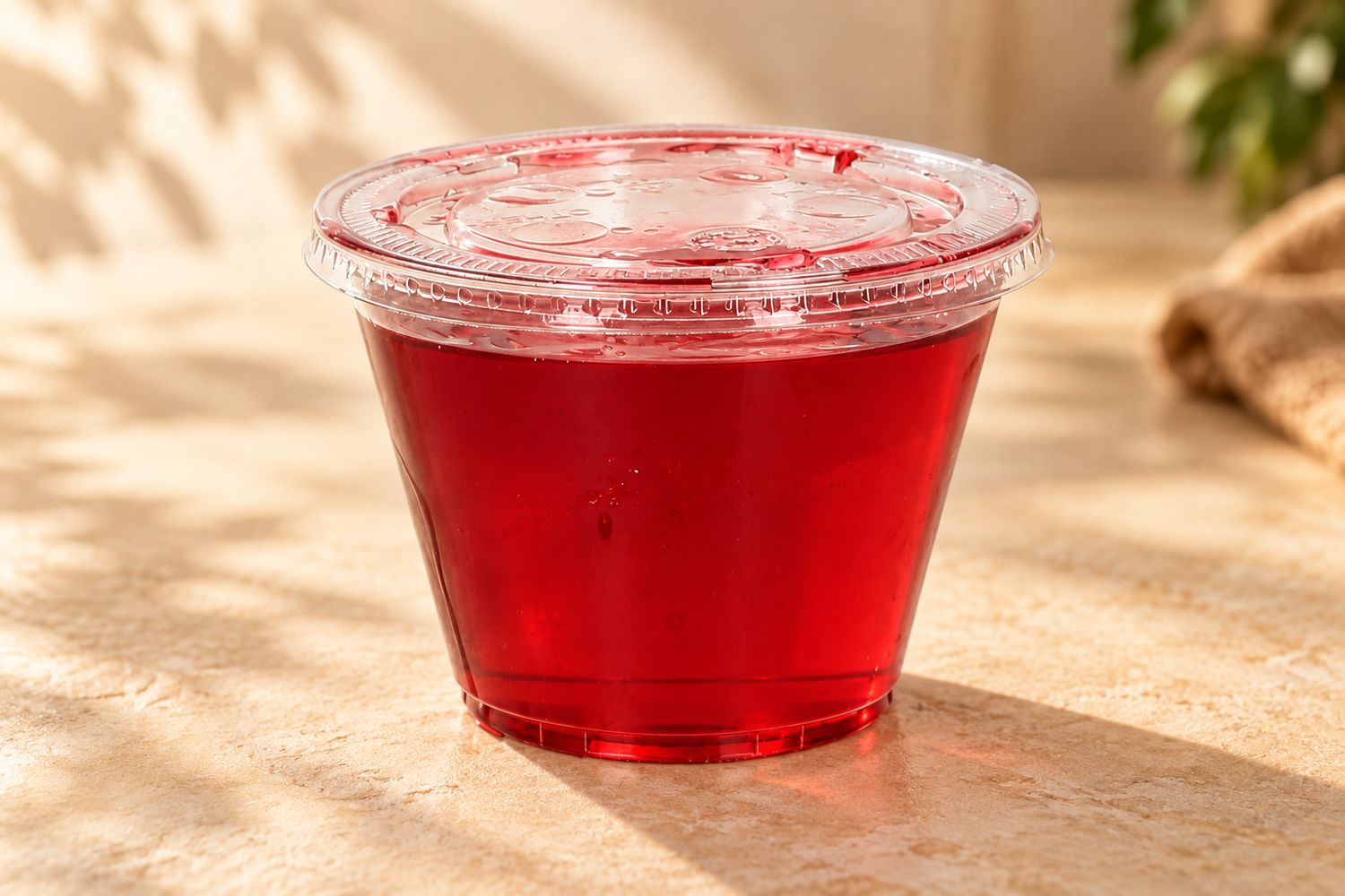 Gelatina roja en envase con tapa