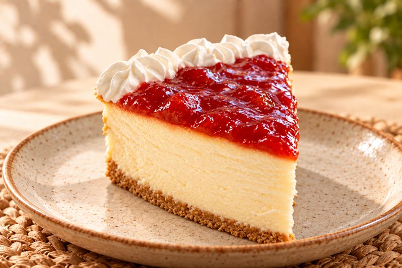 Porción de cheesecake con cobertura de fresa y crema blanca en plato de cerámica