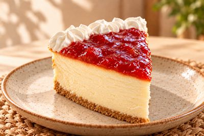 Porción de cheesecake con cobertura de fresa y crema blanca en plato de cerámica