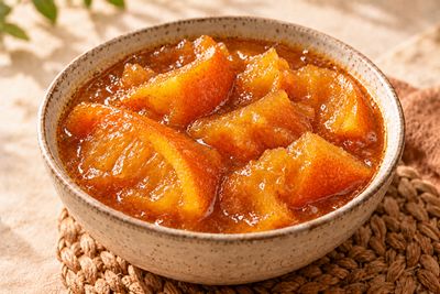 Conserva de naranja en trozos grandes con almíbar servida en cuenco de cerámica