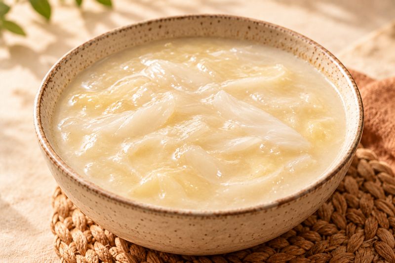 Dulce de coco tierno servido en cuenco de cerámica marfil