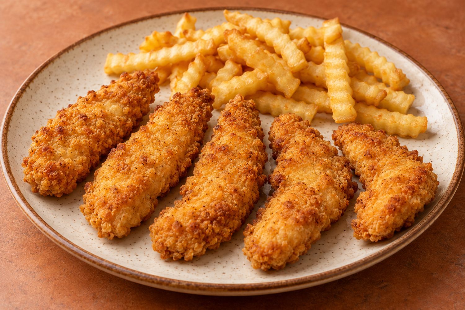 Cinco pechurinas empanizadas con papas fritas onduladas en plato de cerámica
