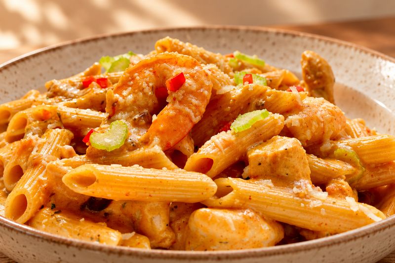Jambalya de pasta servida en plato de cerámica