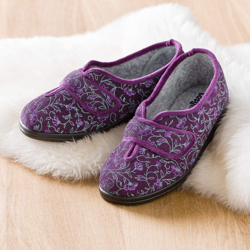 Cosyfeet Diane Plum Floral Ladies Slippers