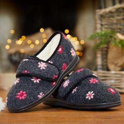 Cosyfeet Holly Winter Lined Charcoal Floral Ladies Slippers