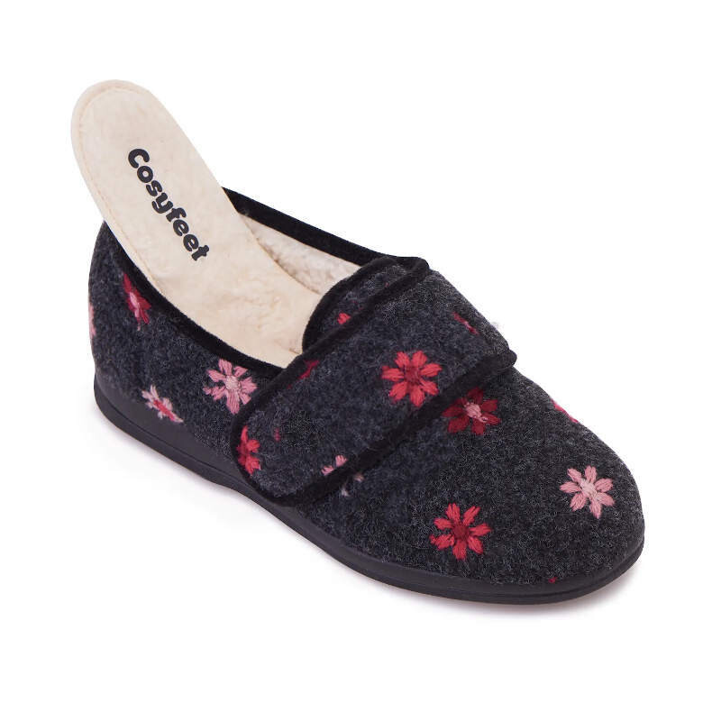 Cosyfeet Holly Winter Lined Charcoal Floral Ladies Slippers
