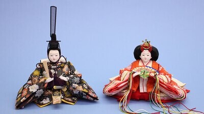 Hina Dolls kogeshi dark black and red orange kinran with Sakura patterns