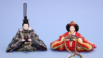 Hina Dolls kogeshi dark blue and red kinran with Sakura patterns