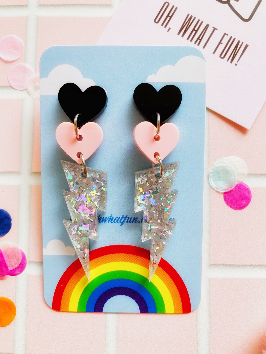 Baby Pink & Black Hearts With Holographic Bolt Earrings