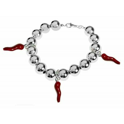 Bracciale Argento925 sfere 8mm corni rossi portafortuna