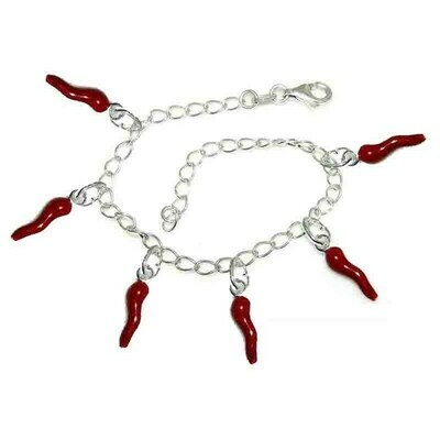 Bracciale argento 925 con 6 corni rossi portafortuna