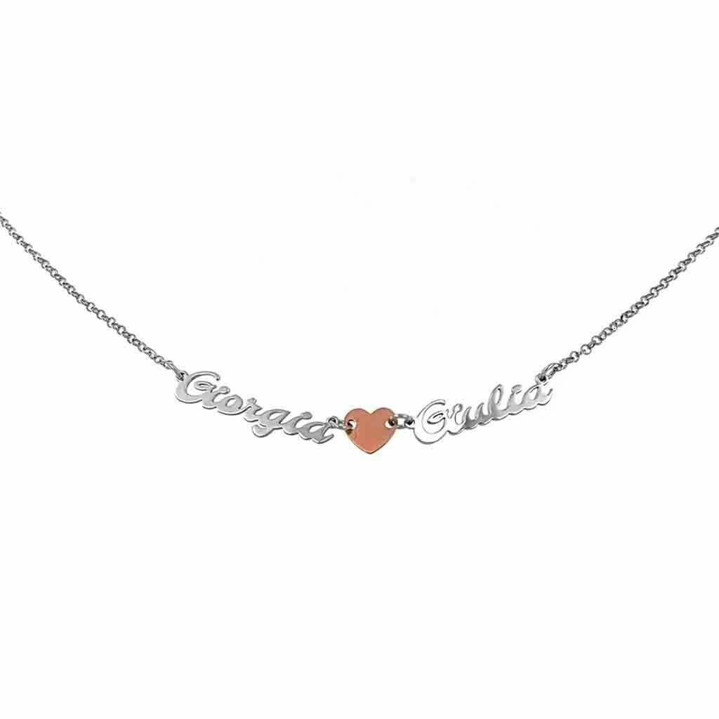 Collana doppio nome con cuore argento sterling 925 rodiato anallergico regalo