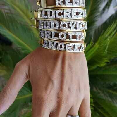 Bracciale Acciaio Fascia Manetta con nome Zirconi cuore stella regalo donna