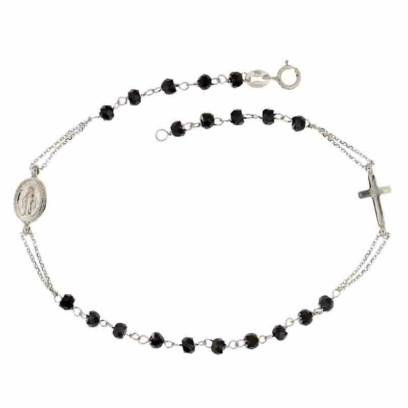 Bracciale rosario lucido oro  18 kt. pietre nere sfaccettate, Colore: Oro Bianco