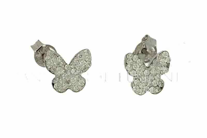 Orecchini Oro 18 kt. zirconi Brillanti Farfalla Regalo Donna Ragazza, Colore: Oro Bianco