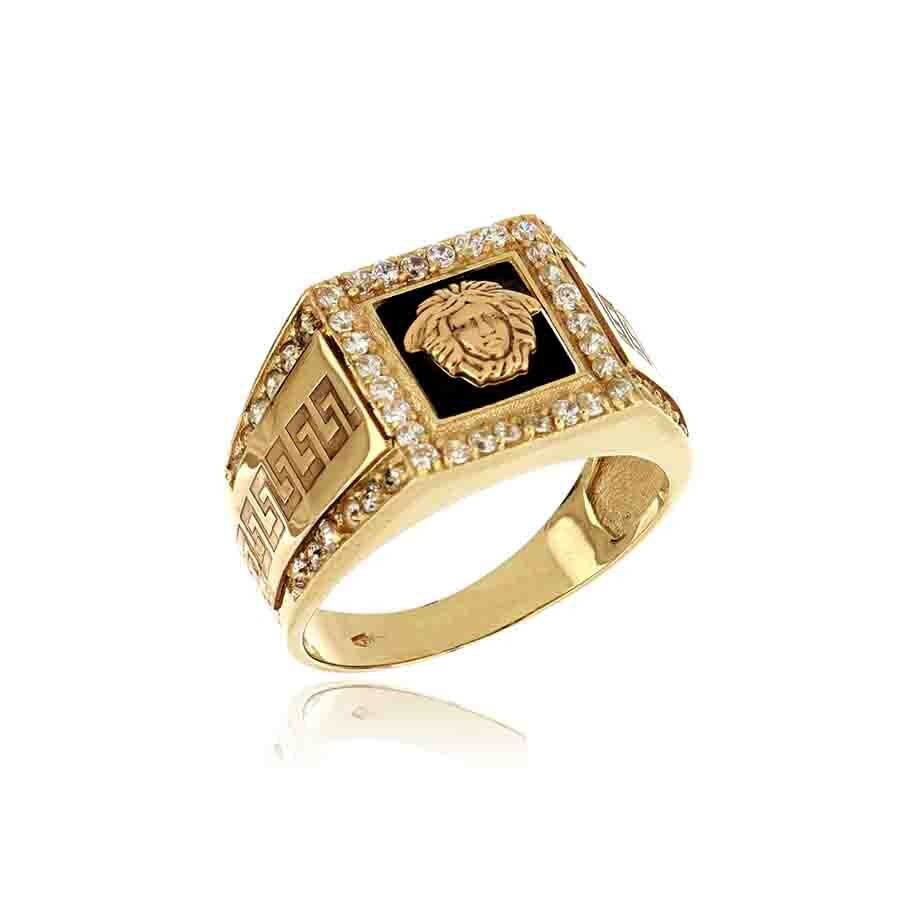 Anello Uomo con stemma medusa Quadrato Smalto Nero Oro 9Kt.
