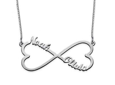 Collana infinito con nome Argento 925 rodio cuore scritta due nomi regalo donna