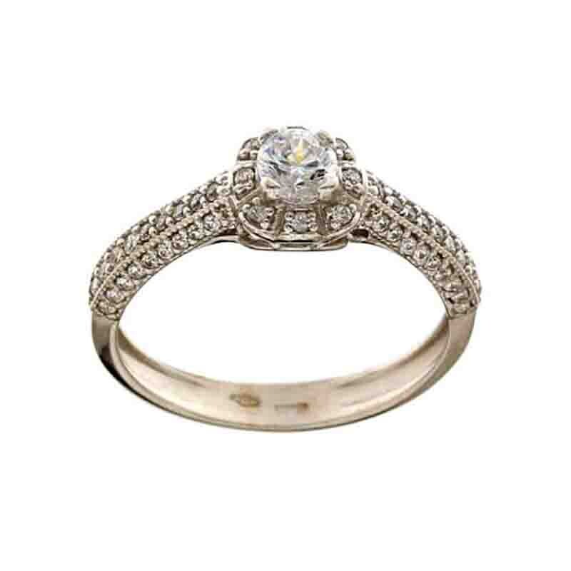 Anello solitario con zirconi laterali Oro Bianco 18kt.