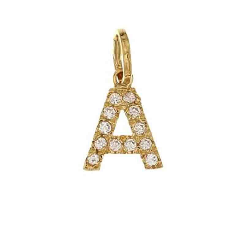 Pendente Oro Giallo 18kt. lettera Zirconata in stampatello, Lettera: A