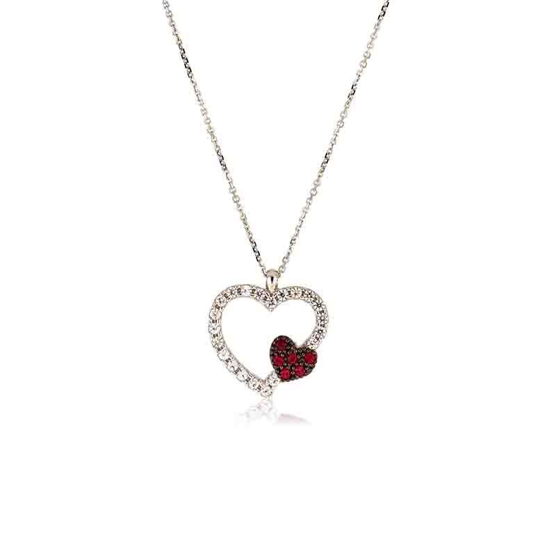 Collana Oro Bianco 9Kt. Donna Cuore Rosso zirconi Brillanti