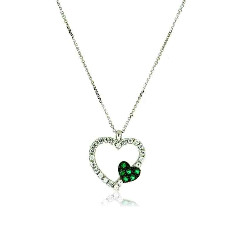 Collana Oro Bianco 9Kt. Donna Cuore Rosso zirconi Brillanti, Colore: Cuore Verde