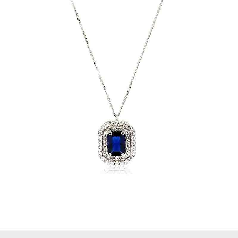 Collana Donna Oro 9kt. 375 Kate Rettangolare Blu doppio giro zirconi brillanti