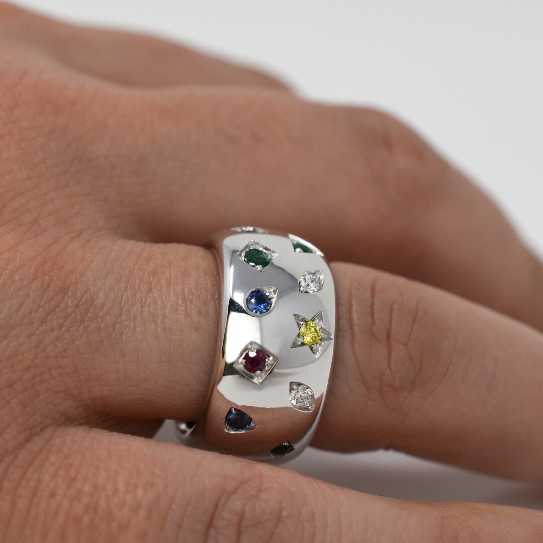 Rounded Banded Band Ring, dappled type, in 925 Silver with colored zirconia
