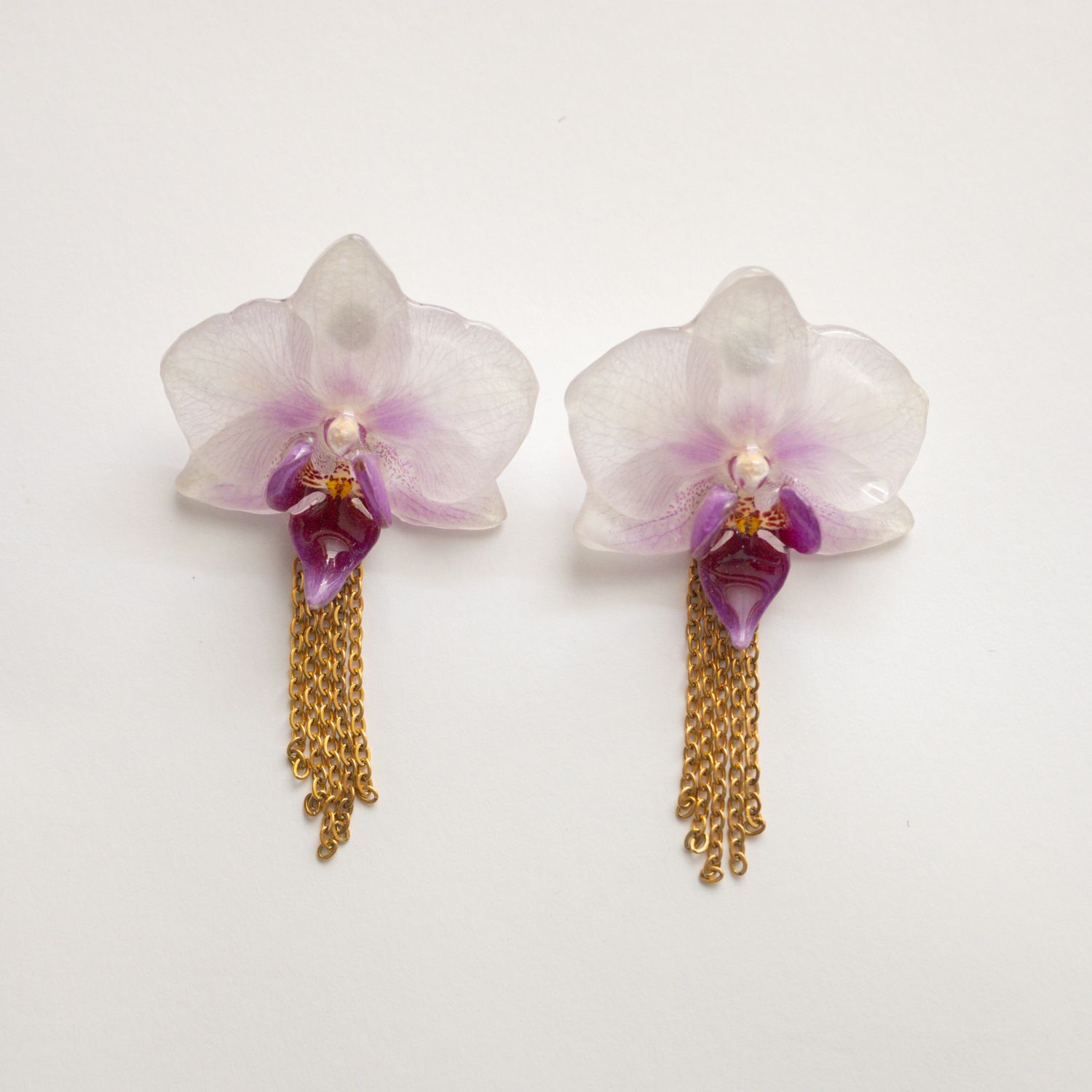 Mini white orchid chain earrings