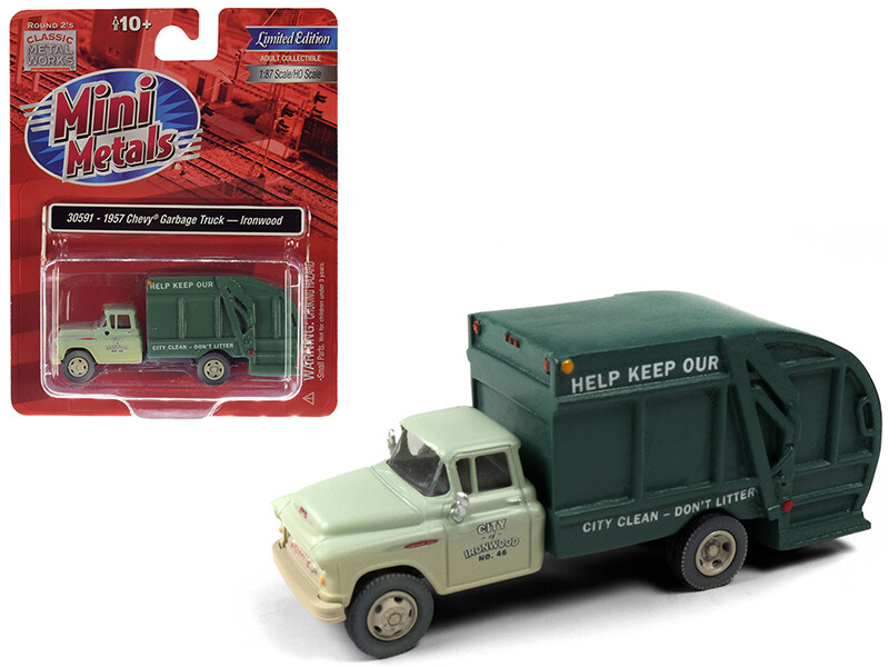 1957 Chevrolet Garbage Truck \"Ironwood Sanitation\" Light Green and Dark Green (Dirty/Weathered) 1/87 (HO) Scale Model by Classic Metal Works