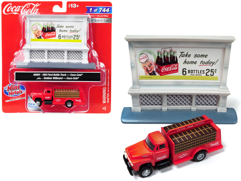 1954 Ford Bottle Truck Red \"Coca-Cola\" with Outdoor Billboard \"Coca-Cola\" 1/87 (HO) Scale Model by Classic Metal Works