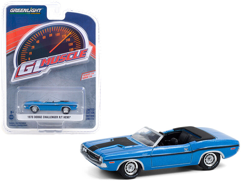 1970 Dodge Challenger R/T HEMI Convertible B5 Blue with Black Stripes \"Greenlight Muscle\" Series 24 1/64 Diecast Model Car by Greenlight